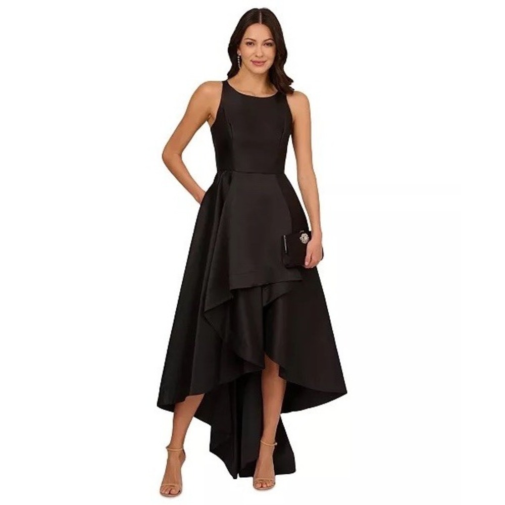 NWT ADRIANNA PAPELL Black Mikado High Low Sleeveless GOWN DRESS Size 10